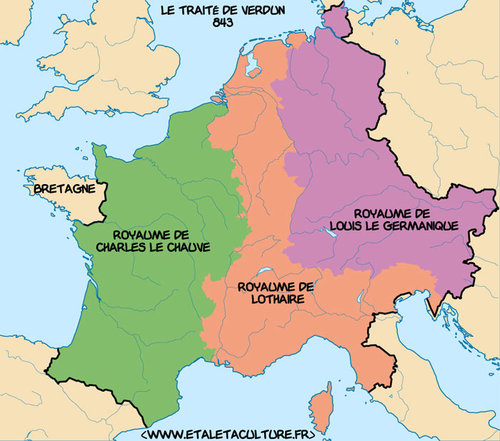 En 843, le traité de Verdun met fin aux conflits de successions entre ses trois petits fils :