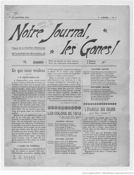 En quelle année est paru le premier numéro du journal "Notre journal, les Gones !" ?