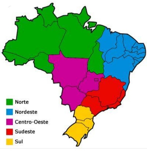 O Brasil encontra-se dividido em cinco regiões político-administrativas, chamadas de :