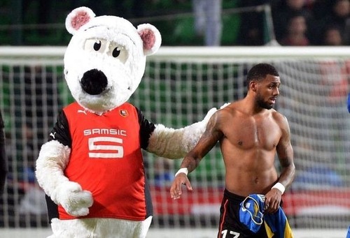 Sur la photo on voit Yan Mvilla et la mascotte du stade rennais mais la mascotte du stade rennais s'appelle comment ?