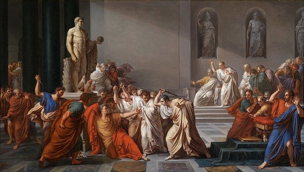 Le 15 mars 44 avant JC, Jules César était assassiné, par une conspiration de sénateurs dirigée par Cassius et son fils adoptif :