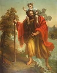 Patron des voyageurs, il est souvent représenté en géant portant l'enfant Jésus sur ses épaules pour l'aider à traverser une rivière :