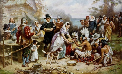 One year after, the puritans invited the Native American to share a meal with them.