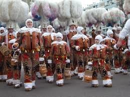 Un très ancien carnaval de Belgique, mettant en scène des personnages coiffés de plumes d'autruche et de grelots, accompagnés de fanfares, a été classé au Patrimoine de l'Unesco.